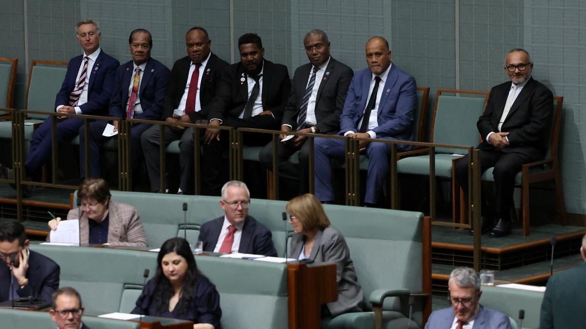 Solomon Islands Prime Minister Matthew Wale and his delegation listen during Question Time in the House of Representatives at Parliament House in Canberra, Australia, June 3, 2026. REUTERS/Hollie Adams