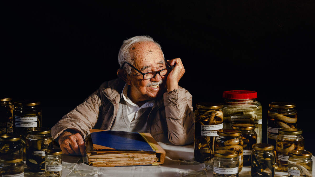 The farmer and snake collector Manuel Genaro Peñafiel, 101, at his home in Mera, Ecuador, on April 6, 2026. Peñafiel has spent a lifetime catching snakes on his rural estate, frequently risking fatal bites.