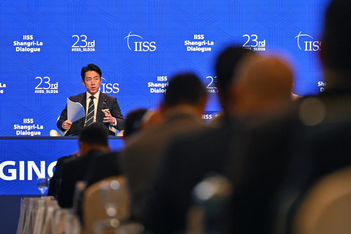 Shinjiro Koizumi, Japan's defence minister, speaks at the Shangri-La Dialogue security summit in Singapore, May 31, 2026. REUTERS/Caroline Chia