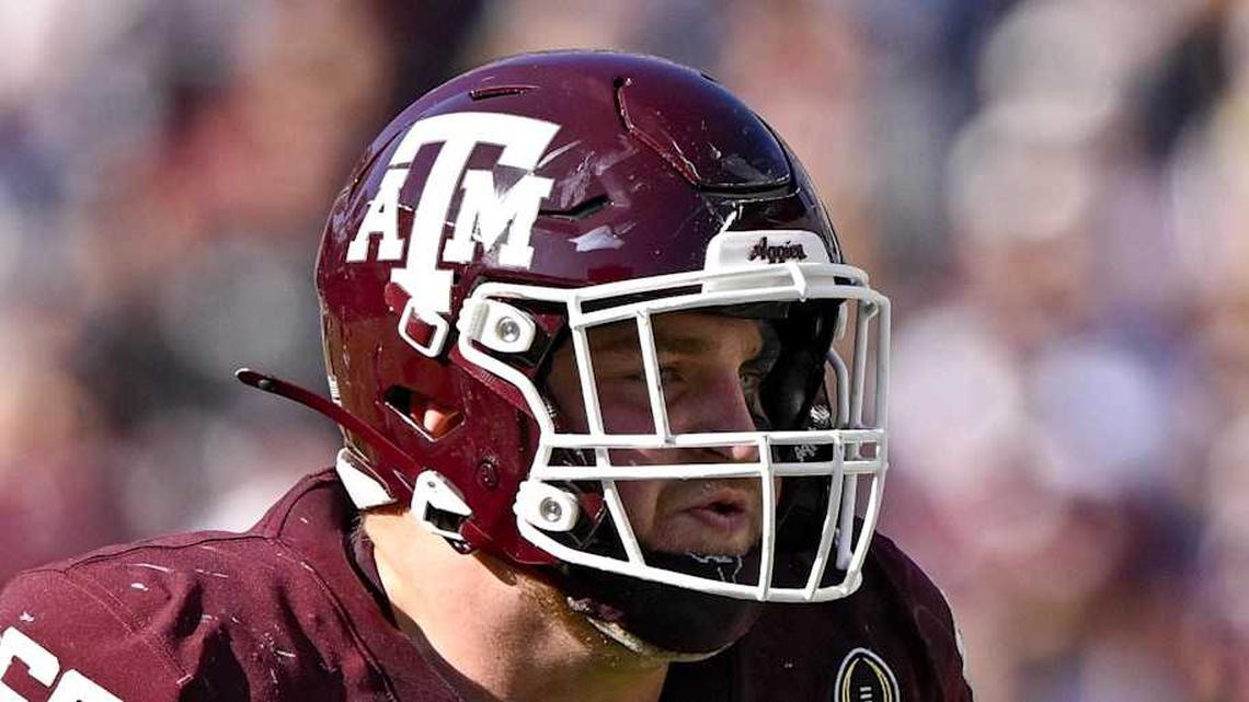  Dec 20, 2025; College Station, TX, USA; Texas A&M Aggies offensive lineman Trey Zuhn III (60) blocks the rush during the game between the Aggies and the Hurricanes at Kyle Field. Mandatory Credit: Jerome Miron-Imagn Images | Jerome Miron-Imagn Images 