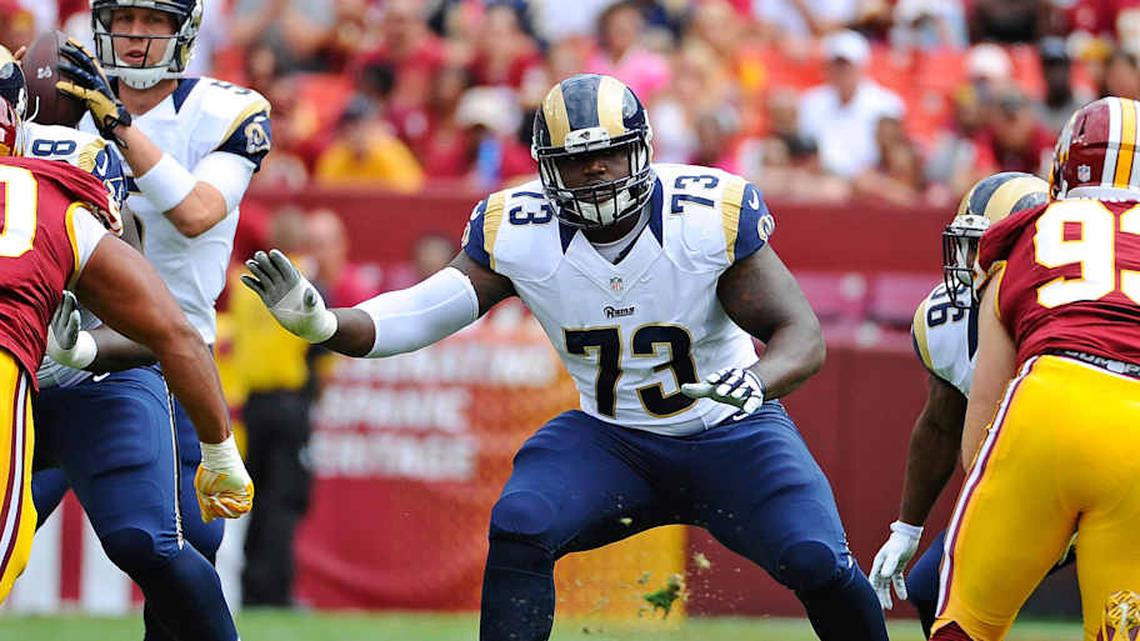  Sep 20, 2015; Landover, MD, USA; St. Louis Rams tackle Greg Robinson (73) prepares to block against the Washington Redskins during the first half at FedEx Field. Mandatory Credit: Brad Mills-Imagn Images | Brad Mills-Imagn Images 