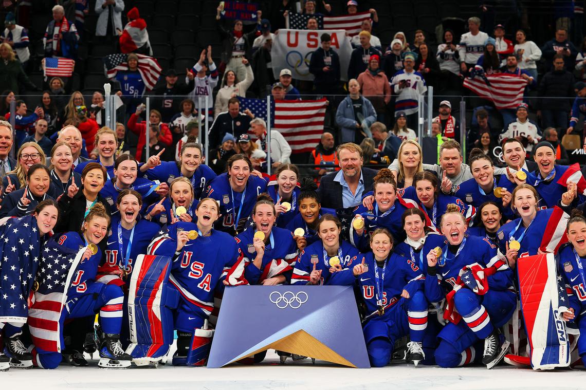  Gold medalist Team United States pose after the medal ceremony for the Ice Hockey Women following the Women's Gold Medal match between the United States and Canada on day 13 of the Milano Cortina 2026 Winter Olympic games at Milano Santagiulia Ice Hockey Arena on February 19, 2026 in Milan, Italy.Bruce Bennett/Getty Images 