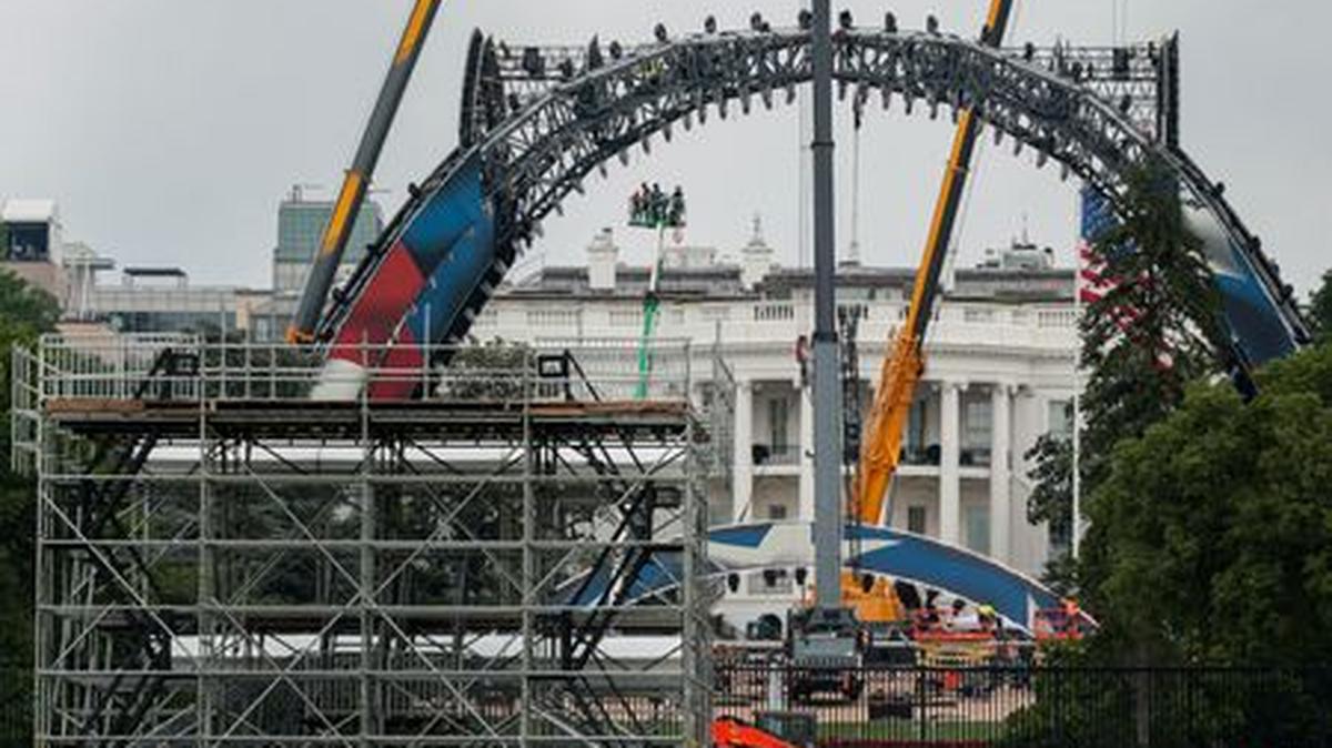 Construction is underway on a temporary arena that will host the UFC Freedom 250 fight card in June on the South Lawn of the White House in Washington on Thursday.