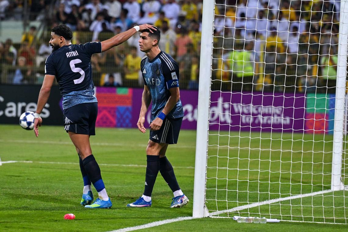  Al Nassr player Cristiano Ronaldo and Abdulillah el-Amri in action during the AFC Champions League quarter-final match between Al Wasl and Al Nassr at Zabeel Stadium in Dubai, United Arab Emirates, on April 19, 2026. (Photo by Waleed Zein/Anadolu via Getty Images) Photo by Waleed Zein/Anadolu via Getty Images