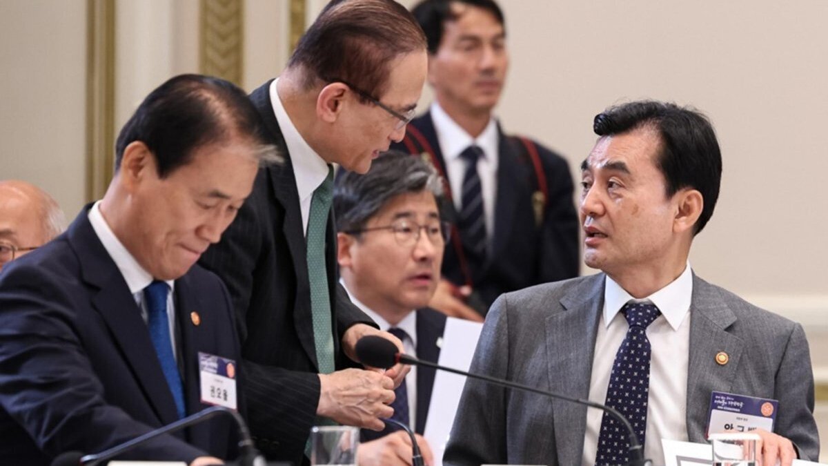 South Korean Defense Minister Ahn Gyu-back (R) talks with National Security Adviser Wi Sung-lac (C) during the National Fiscal Strategy Meeting, chaired by South Korean President Lee Jae Myung, at the presidential office Cheong Wa Dae in Seoul, South Korea, 13 July 2026. Photo by YONHAP / EPA