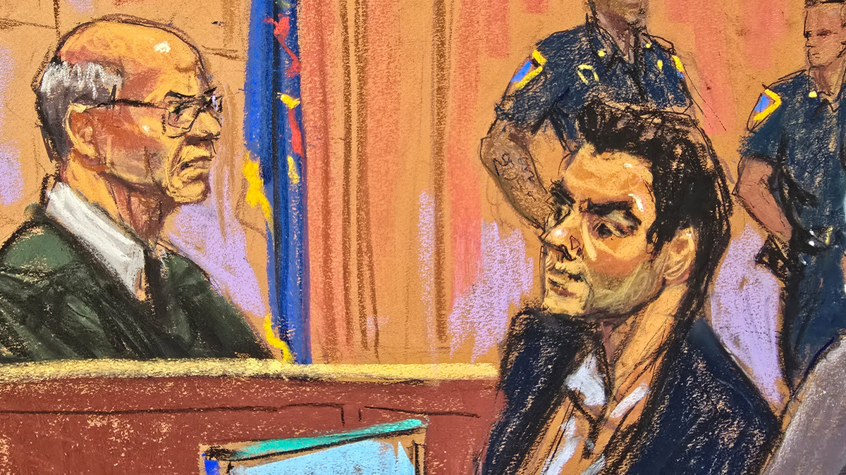 Luigi Mangione, who was arrested in December 2024 and charged with fatally shooting UnitedHealthcare CEO Brian Thompson on a sidewalk in Midtown Manhattan, sits before Justice Gregory Carro at an evidence suppression hearing at the Manhattan Supreme Court in New York City, U.S., May 18, 2026 in a courtroom sketch. REUTERS/Jane Rosenberg