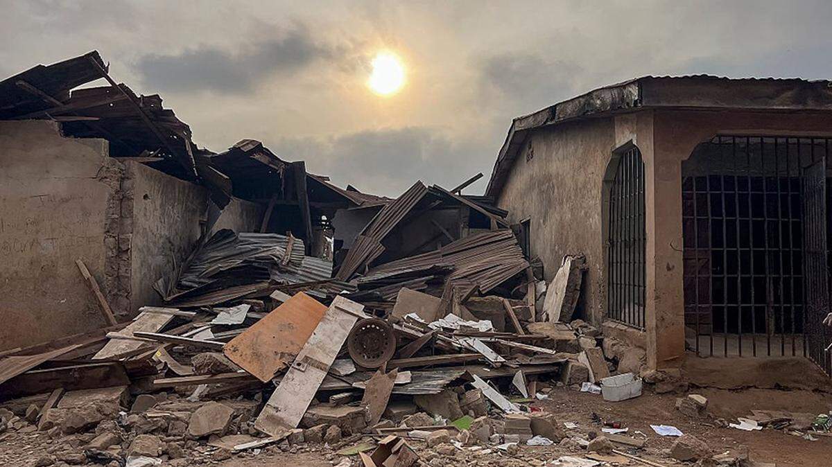 Structures destroyed by munitions debris from U.S. attacks on Islamic State militants are seen in Offa, Nigeria, on Dec. 27, 2025. Nigerian forces, working with the United States, have killed 175 Islamic State militants in a series of joint air and ground strikes in the country’s northeast in recent days, the Defense Headquarters said on Tuesday.