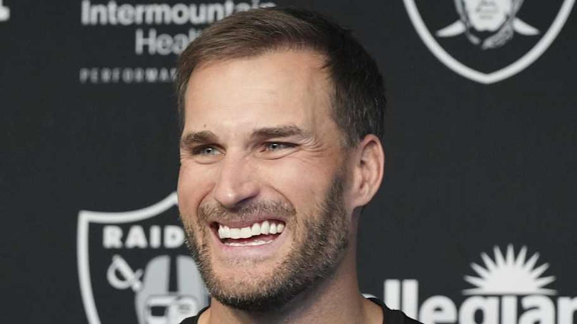  Apr 8, 2026; Las Vegas, NV, USA; Las Vegas Raiders quarterback Kirk Cousins speaks at a press conference at Intermountain Health Performance Center. Mandatory Credit: Candice Ward-Imagn Images | Candice Ward-Imagn Images 