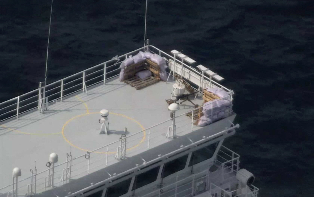 A machine gun on a sandbag-protected post on the civilian Russian-flagged LNG tanker Marshal Vasilevskiy in this undated handout picture, which Estonia's Police and Border Guard said was taken as the vessel was in Estonia's vicinity this spring.   ESTONIAN POLICE AND BORDERGUARD/Handout via REUTERS