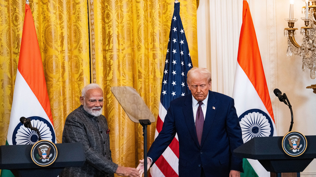 U.S. President Donald Trump and Indian Prime Minister Narendra Modi hold a joint press conference in the East Room at the White House on Feb. 13, 2025, in Washington, D.C. (Andrew Thomas/Middle East Images/AFP/Getty Images/TNS)