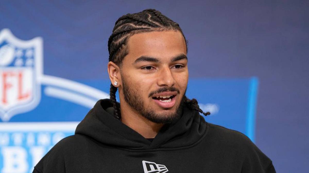  Feb 26, 2026; Indianapolis, IN, USA; Arizona defensive back Treydan Stukes (DB49) speaks to members of the media during the NFL Combine at the Indiana Convention Center. Mandatory Credit: Jacob Musselman-Imagn Images | Jacob Musselman-Imagn Images 