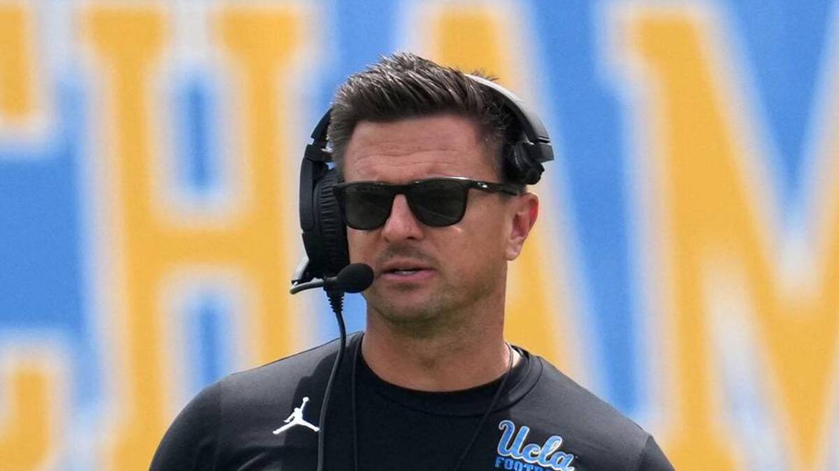  May 2, 2026; Pasadena, CA, USA; UCLA Bruins coach Bob Chesney reacts during the spring game at Rose Bowl. Mandatory Credit: Kirby Lee-Imagn Images | Kirby Lee-Imagn Images 