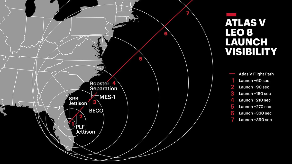 ULA Atlas V launch of the 8th Amazon Leo constellation mission: Liftoff is planned for 12:24 a.m. ET Thursday, July 2, 2026 (overnight Wednesday, July 1), from Cape Canaveral. The nighttime launch may be visible from Florida to New England, if weather conditions in your area permit. This visibility map shows when and where your best chances are to see the rocket as it streaks northeasterly into space.