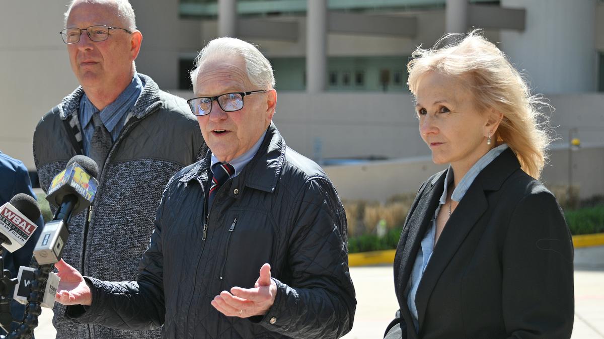 David Lorenz, Teresa Lancaster and Frank Schindler, members of the operations committee of the Abuse Survivors Coalition, talk about the monetary offer of an insurer to Baltimore Catholic abuse survivors, April 7, 2026. (Kim Hairston/The Baltimore Sun/TNS)