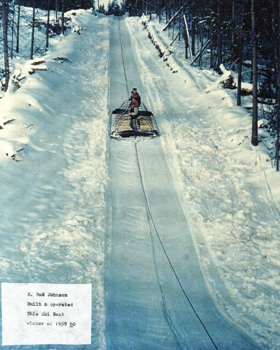  Kelly Canyon's first lift, winter of 1959/60. Skiers were hoisted uphill afloat a boat of some sort. Original photo caption reads: "S. Bud Johnson Built & operated This Ski Boat winter of 1959 60" [sic].