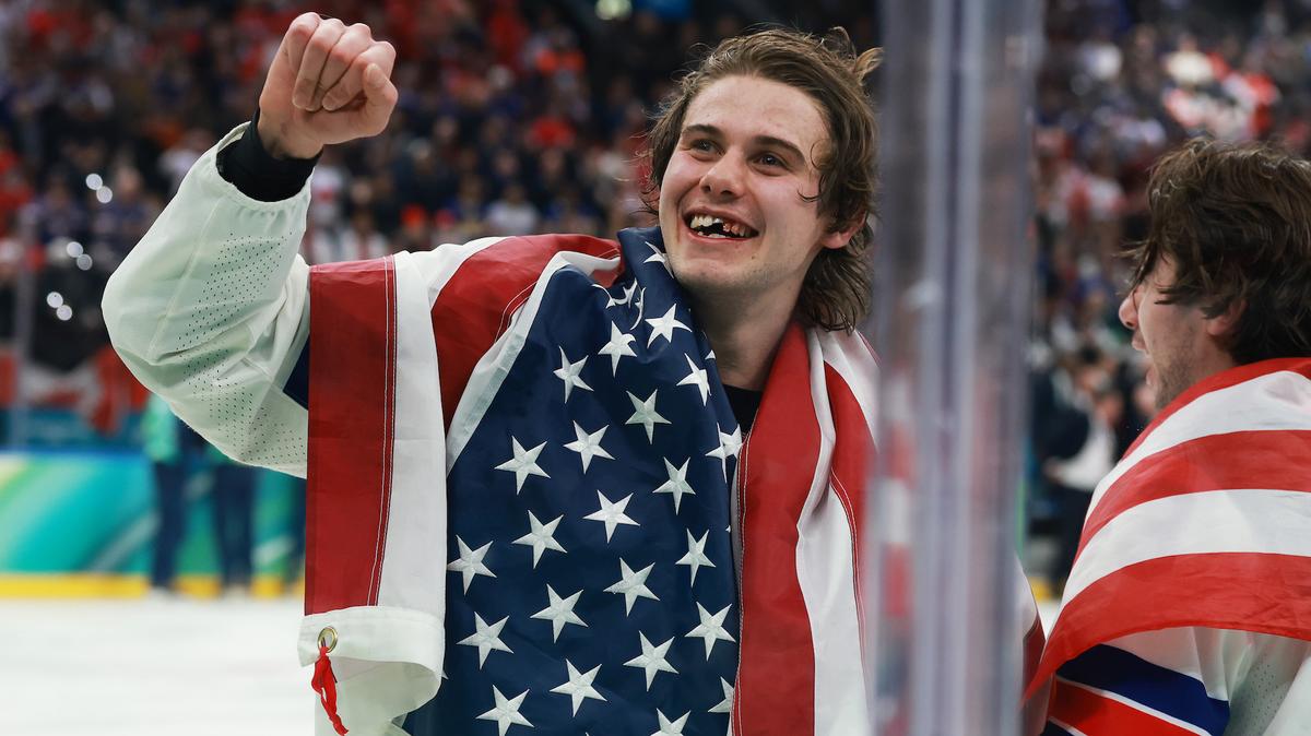 Jack Hughes of Team United States celebrates after the Americans’ gold-medal win over Canada in men’s hockey.
