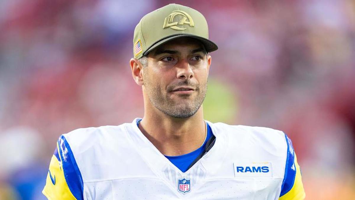  November 9, 2025; Santa Clara, California, USA; Los Angeles Rams quarterback Jimmy Garoppolo (11) after the game against the San Francisco 49ers at Levi's Stadium. | Kyle Terada-Imagn Images 