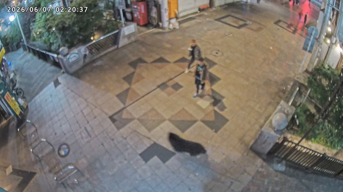 A screen grab from a surveillance footage shows a wild bear running past bystanders in a residential area in Utsunomiya, Tochigi Prefecture, Japan, June 7, 2026. ORION STREET MALL PROMOTION ASSOCIATION/Handout via REUTERS
