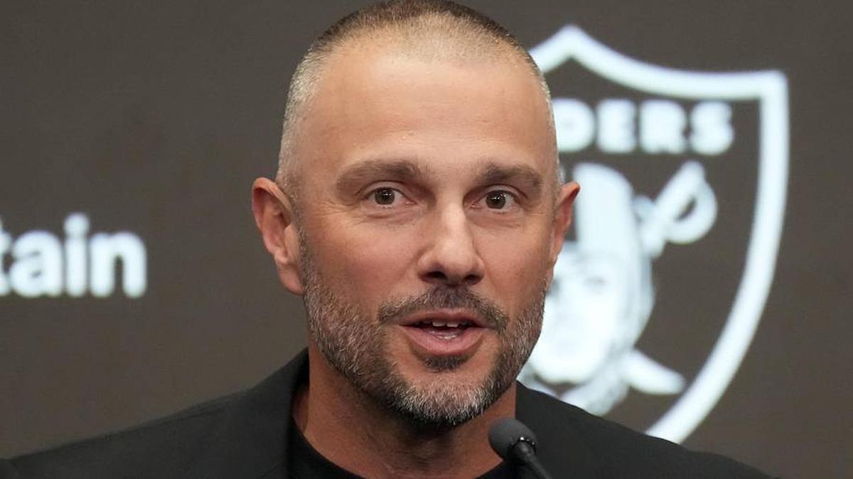  Feb 10, 2026; Henderson, NV, USA; Las Vegas Raiders general manager John Spytek at press conference at Intermountain Health Performance Center. Mandatory Credit: Kirby Lee-Imagn Images | Kirby Lee-Imagn Images 