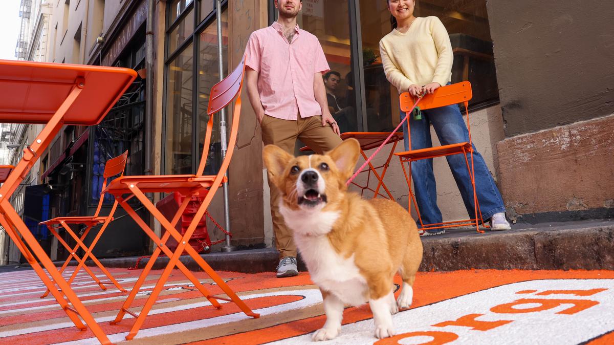 Corgi Cafe co-founders Nico Laqua, left, and Emily Yuan with her Corgi dog, Trudy, in San Francisco, Calif., on Tuesday, March 12, 2026. (Ray Chavez/Bay Area News Group)