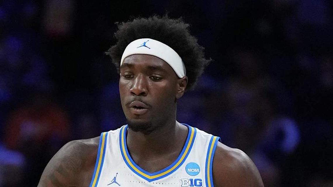  Mar 20, 2026; Philadelphia, PA, USA; UCLA Bruins forward Eric Dailey Jr. (3) and guard Trent Perry (0) react in the first half during a first round game of the men's 2026 NCAA Tournament at Xfinity Mobile Arena. Mandatory Credit: Kyle Ross-Imagn Images | Kyle Ross-Imagn Images 
