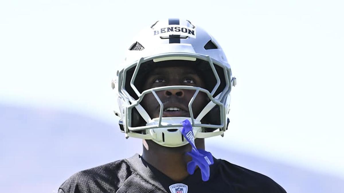  May 2, 2026; Henderson, NV, USA; Las Vegas Raiders wide receiver Malik Benson (19) runs through a drill during a Rookie Minicamp at Intermountain Health Performance Center. Mandatory Credit: Candice Ward-Imagn Images | Candice Ward-Imagn Images 