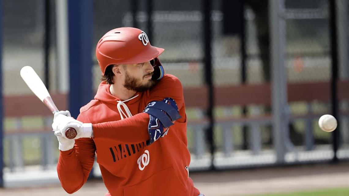  Washington Nationals right fielder Dylan Crews (3) takes batting practice during spring training workouts at CACTI Park of the Palm Beaches. | Reinhold Matay-Imagn Images 