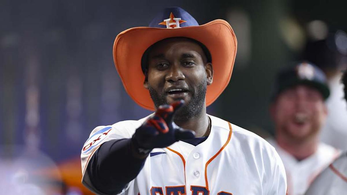  Apr 15, 2026; Houston, Texas, USA; Houston Astros designated hitter Yordan Alvarez reacts in the dugout after hitting a home run during the third inning against the Colorado Rockies at Daikin Park. | Troy Taormina-Imagn Images 