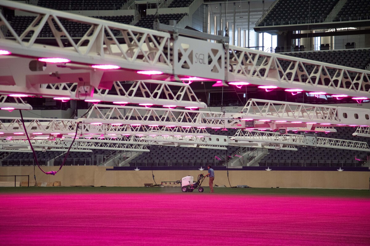 In an image provided by the Dallas Host Committee, Watering equipment and LED lighting for the sod for the FIFA World Cup, at Dallas Stadium. Every match must be played on natural grass that gives players as consistent a surface as possible, no matter the venue. Cue the years of sod studies. (Dallas Host Committee via The New York Times) -- NO SALES; FOR EDITORIAL USE ONLY WITH NYT STORY WORLD CUP GRASS by BURDICK of JUNE 16, 2026. ALL OTHER USE PROHIBITED --
