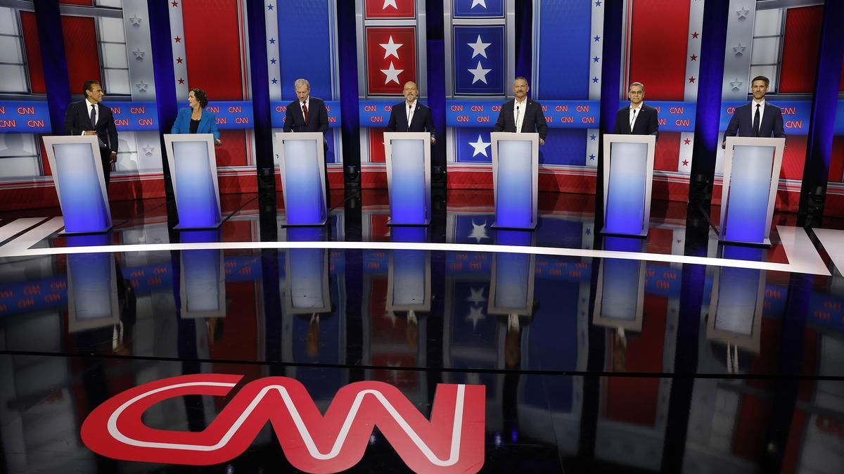 Left to right, California gubernatorial candidates former Los Angeles Mayor Antonio Villaraigosa, former U.S. Rep. Katie Porter (D-CA), Businessman Tom Steyer, businessman Steve Hilton, Riverside Sheriff Chad Bianco, former U.S. Secretary of Health and Human Services Xavier Becerra, San Jose Mayor Matt Mahan look on during a CNN California Governor Primary Debate at East Los Angeles College on May 5, 2026, in Monterey Park, California. CNN hosted a debate with seven of the top contenders in the race for California Governor. The debate was moderated by CNN anchors Kaitlan Collins and Elex Michaelson.  (Justin Sullivan/Getty Images/TNS)