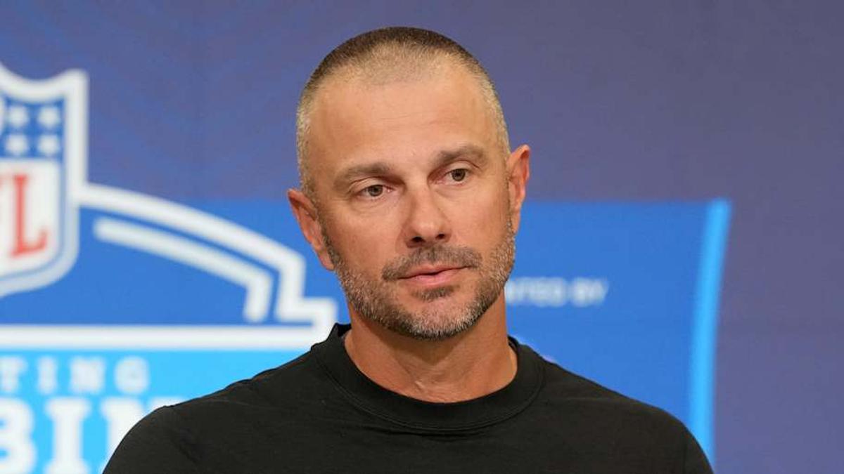  Feb 24, 2026; Indianapolis, IN, USA; Las Vegas Raiders general manager John Spytek speaks at the NFL Scouting Combine at the Indiana Convention Center. Mandatory Credit: Kirby Lee-Imagn Images | Kirby Lee-Imagn Images 