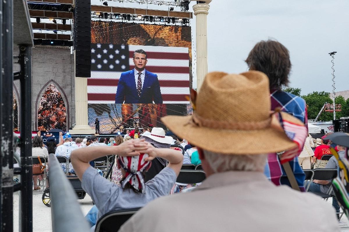A video message of U.S. Secretary of Defense Pete Hegseth plays during Rededicate 250: National Jubilee of Prayer, Praise & Thanksgiving on the National Mall in Washington, D.C., U.S., May 17, 2026. REUTERS/Eric Lee