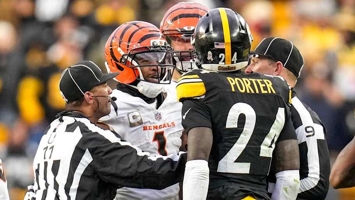  Cincinnati Bengals wide receiver Ja'Marr Chase (1) and Pittsburgh Steelers cornerback Joey Porter Jr. (24) exchange words in the fourth quarter of the NFL Week 11 game between the Pittsburgh Steelers and the Cincinnati Bengals at Acrisure Stadium in Pittsburgh on Sunday, Nov. 16, 2025. The Bengals lost 34-12. | Sam Greene/The Enquirer / USA TODAY NETWORK via Imagn Images 