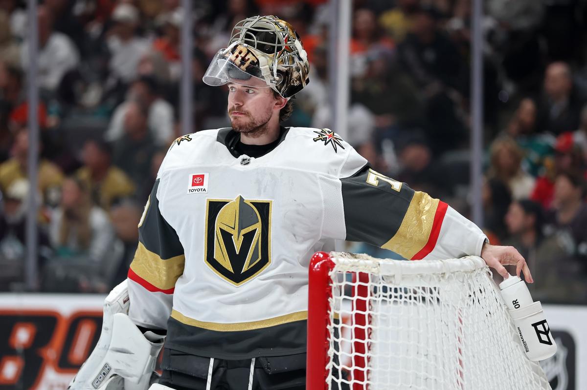 ANAHEIM, CALIFORNIA – MAY 10: Carter Hart of the Vegas Golden Knights looks on during the second period against the Anaheim Ducks in Game Four of the Second Round of the 2026 Stanley Cup Playoffs at Honda Center on May 10, 2026 in Anaheim, California.
