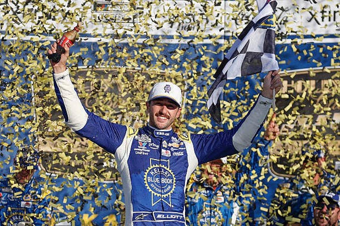  Chase Elliott celebrates in victory lane after winning the NASCAR Cup Series at Kansas Speedway. (Photo by Sean Gardner/Getty Images) Photo by Sean Gardner/Getty Images