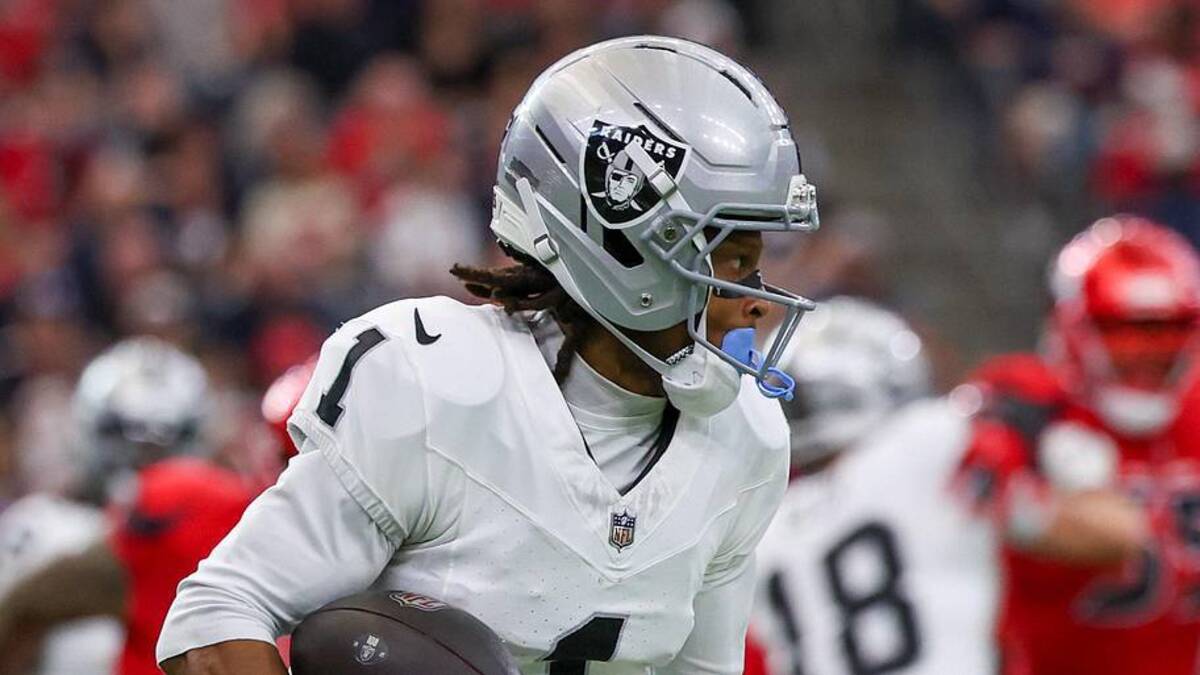  Dec 21, 2025; Houston, Texas, USA; Las Vegas Raiders wide receiver Tre Tucker (1) rushes against the Houston Texans in the first quarter at NRG Stadium. Mandatory Credit: Thomas Shea-Imagn Images | Thomas Shea-Imagn Images 