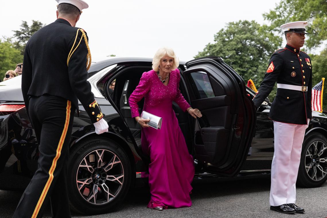 Queen Camilla of the United Kingdom arrives with King Charles III for a state dinner hosted by President Donald Trump and first lady Melania Trump at the White House in Washington, on Tuesday, April 28, 2026. (Anna Rose Layden/The New York Times)