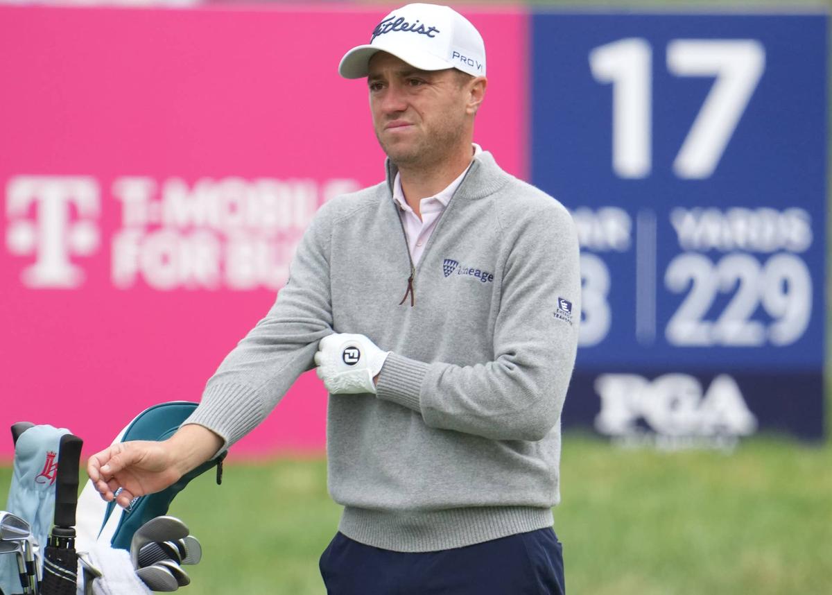  Justin Thomas looks on during a practice round at the PGA Championship at Aronimink Golf Club in Newtown Square, Pennsylvania, on May 11, 2026. James Lang-Imagn Images