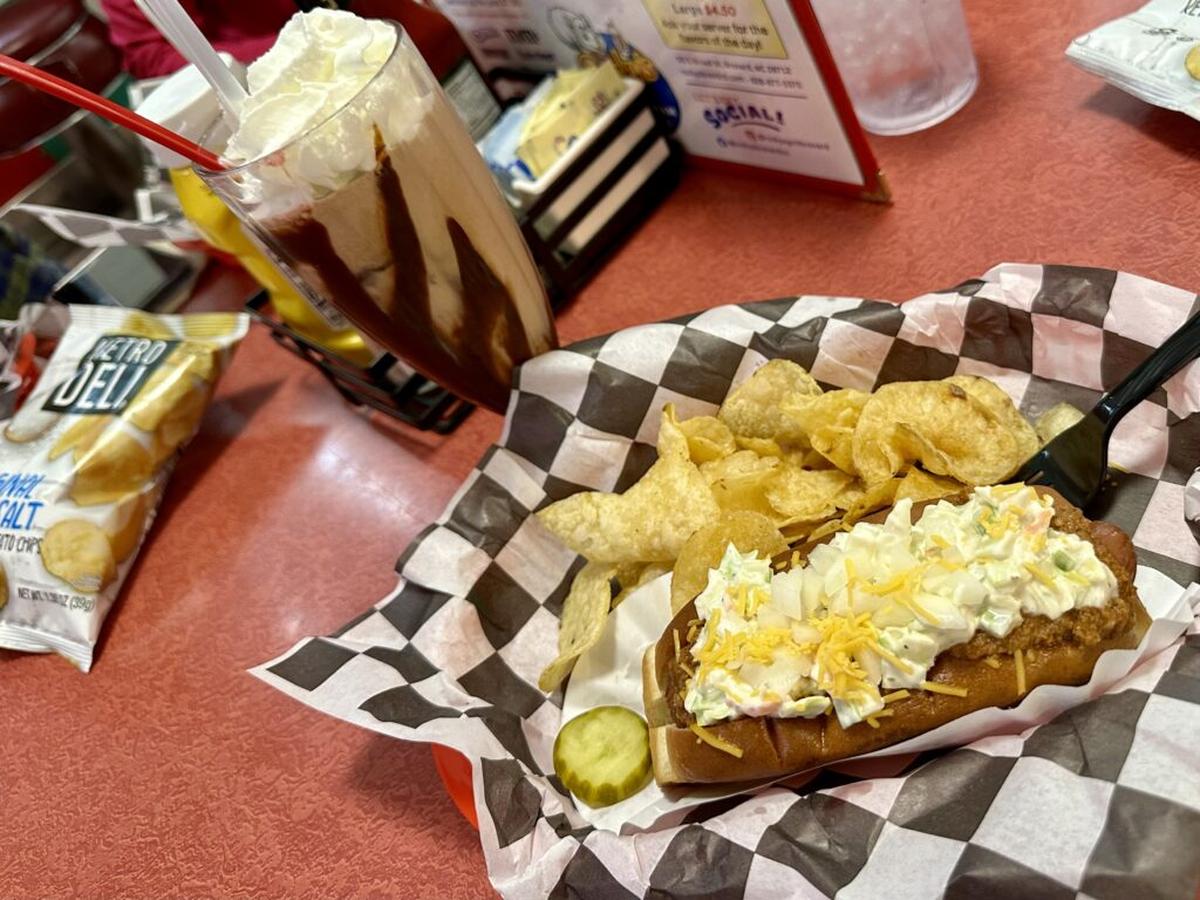  Carolina-style hot dog features cheese, chili, coleslaw and diced onions. Photo credit: Cathy Bennett Kopf 