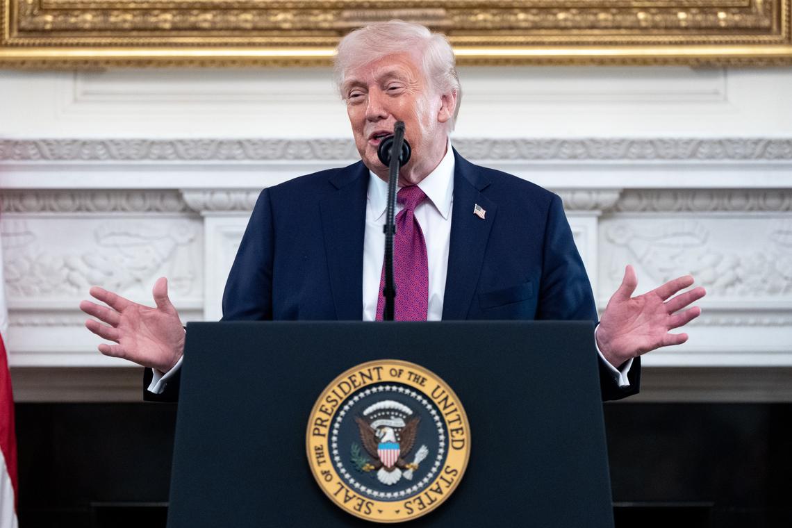  President Donald Trump speaks during an event in the State Dining Room of the White House on April 21, 2026. 