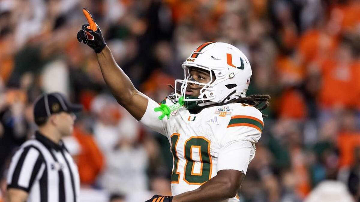  Jan 19, 2026; Miami Gardens, FL, USA; Miami Hurricanes wide receiver Malachi Toney (10) celebrates after scoring a touchdown against the Indiana Hoosiers during the College Football Playoff National Championship game at Hard Rock Stadium. Mandatory Credit: Mark J. Rebilas-Imagn Images | Mark J. Rebilas-Imagn Images 