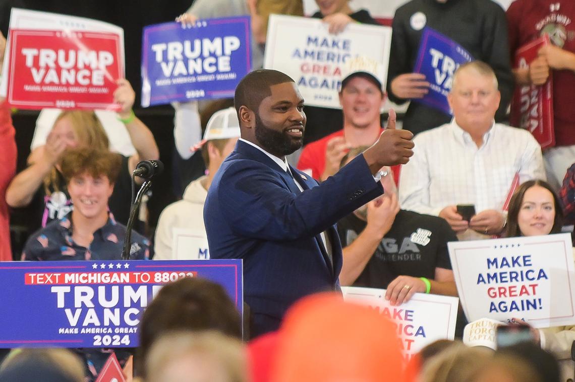 U.S. Rep. Byron Donalds of Florida speaks during a rally featuring U.S. Sen. and Vice Presidential candidate J.D. Vance on Tuesday, Oct. 29, 2024 in Saginaw, Mich.