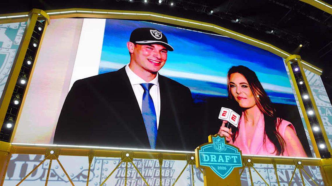  Apr 23, 2026; Pittsburgh, PA, USA; Indiana Hoosiers quarterback Fernando Mendoza is selected by the Las Vegas Raiders as the number one pick during the 2026 NFL Draft at Acrisure Stadium. Mandatory Credit: Kirby Lee-Imagn Images | Kirby Lee-Imagn Images 