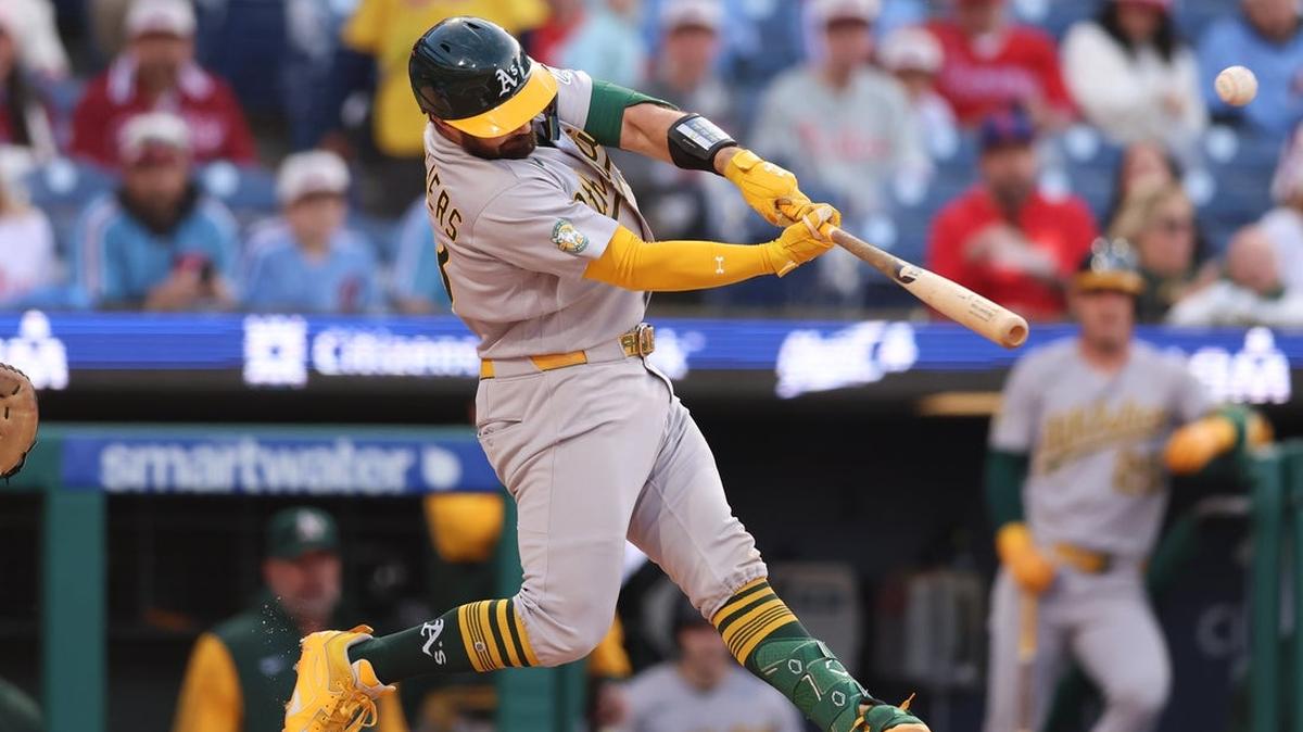 
                 May 7, 2026; Philadelphia, Pennsylvania, USA; Athletics catcher Shea Langeliers (23) hits a two RBI home run against the Philadelphia Phillies during the first inning at Citizens Bank Park. Mandatory Credit: Bill Streicher-Imagn Images 
              