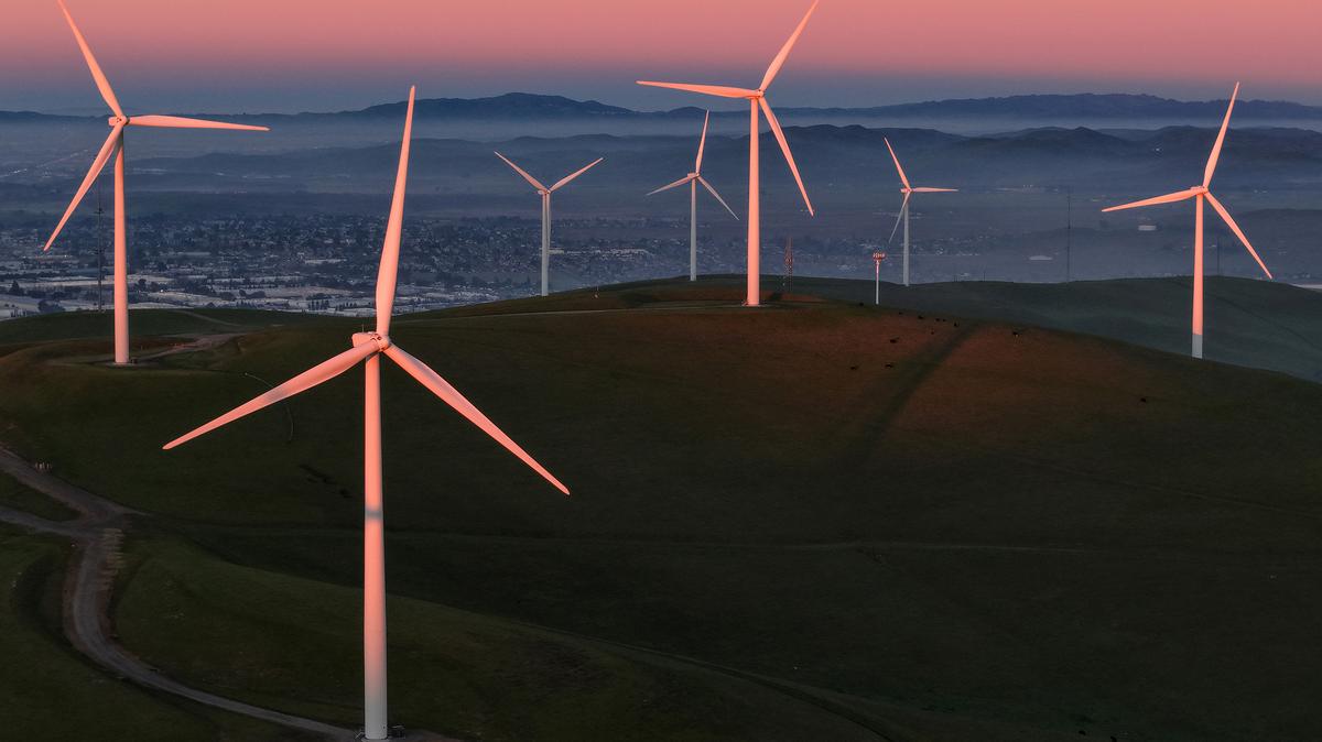 An aerial view of wind turbines at the Altamont Pass wind farm on Jan. 13, 2026, in Livermore, California. (Justin Sullivan/Getty Images/TNS)