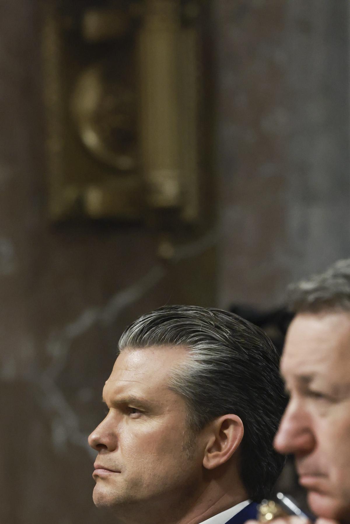 Secretary of Defense Pete Hegseth and Gen. Dan Caine, chairman of the Joint Chiefs of Staff, testify during a Senate Armed Services Committee hearing on the department's budget request on Capitol Hill in Washington, on Thursday, April 30, 2026. (Anna Rose Layden/The New York Times)