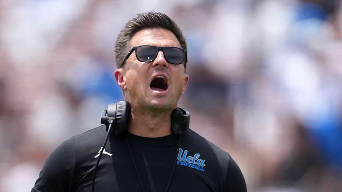 May 2, 2026; Pasadena, CA, USA; UCLA Bruins coach Bob Chesney reacts during the spring game at Rose Bowl. Mandatory Credit: Kirby Lee-Imagn Images | Kirby Lee-Imagn Images 