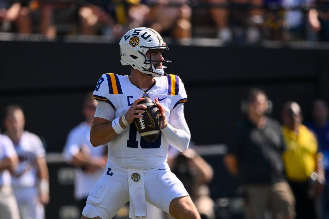 Oct 18, 2025; Nashville, Tennessee, USA; Louisiana State Tigers quarterback Garrett Nussmeier (18) stands in the pocket against the Vanderbilt Commodores during the second half at FirstBank Stadium. Mandatory Credit: Steve Roberts-Imagn Images 