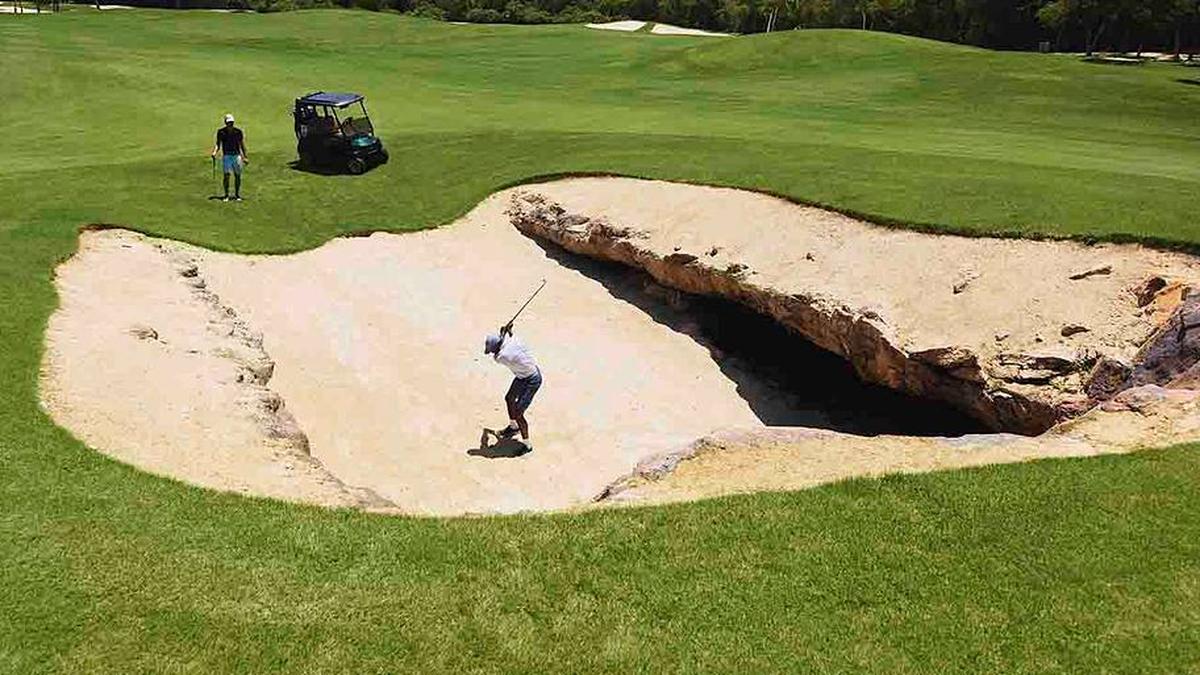  The cenote in the middle of the par-5 7th hole is a daunting one-of-a-kind hazard to amateurs. | Courtesy of Mayakoba 
