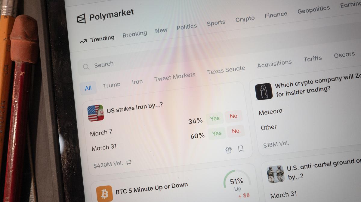 In this photo illustration, an app for Polymarket, an online prediction market site, is shown on Feb. 25, 2026, in Chicago. (Scott Olson/Getty Images/TNS)